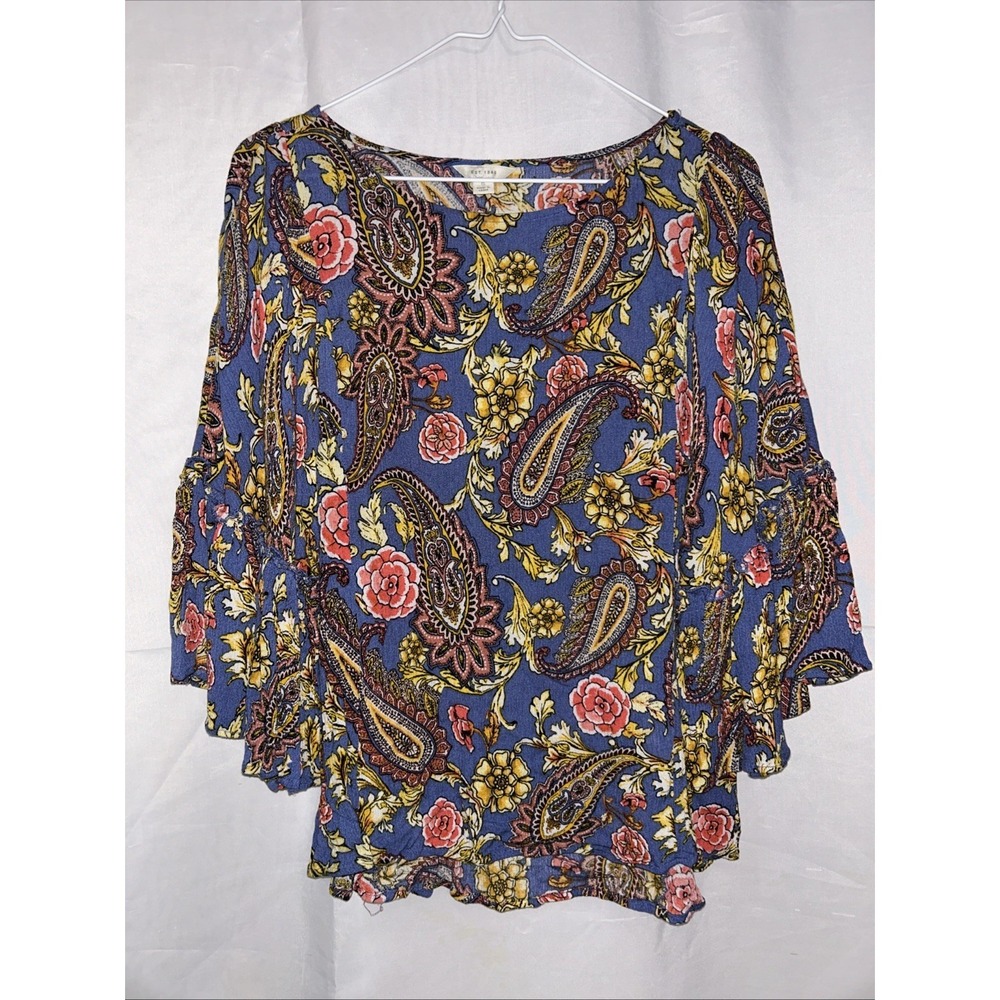 Cato Women's Blue Paisley Colorful Blouse Bell Sleeves Size S